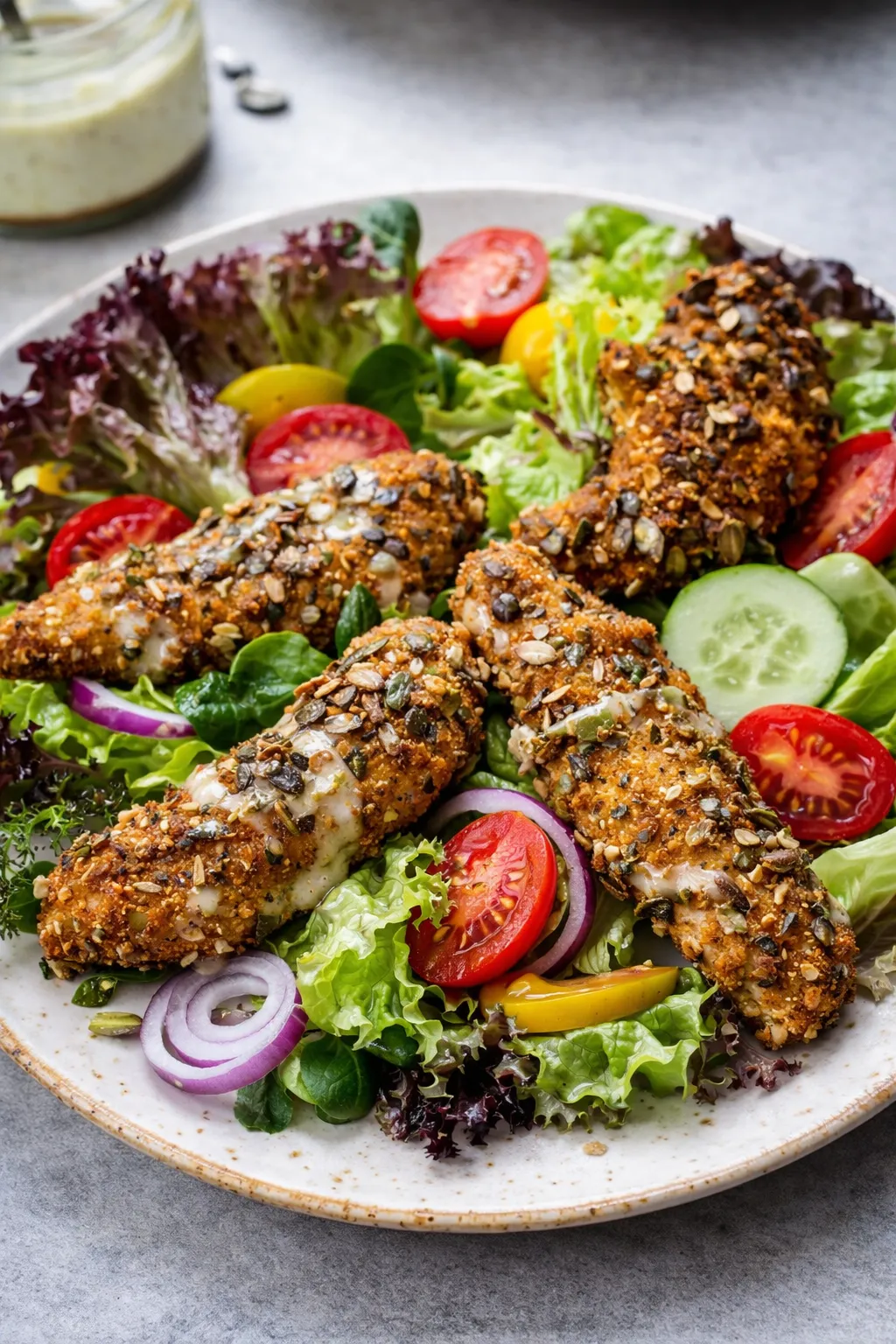 Solata z bučnim prelivom in pohani piščančji filez bučnimi semeni